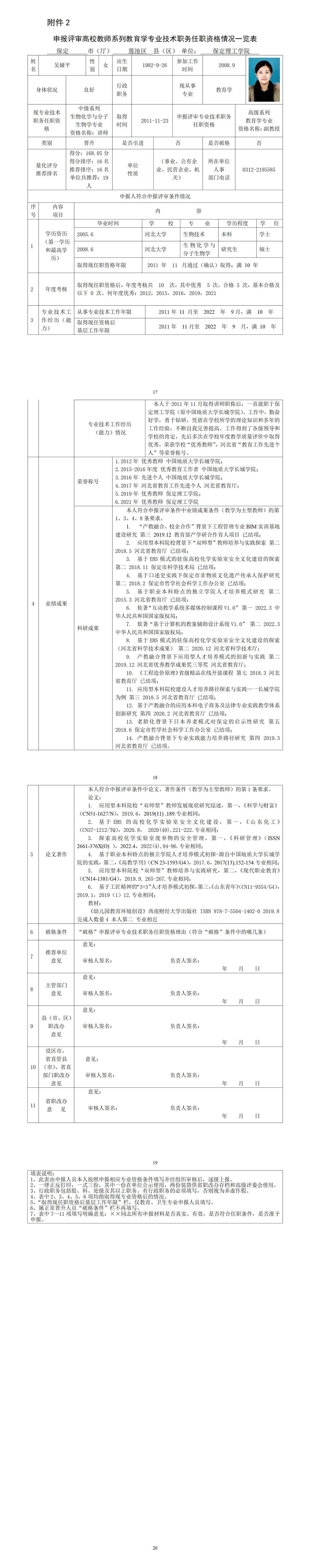 吴娅平任职资格情况一览表